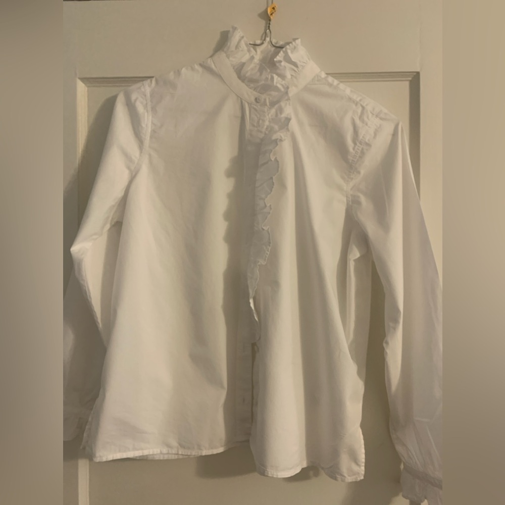 Classic white J Crew ruffle blouse